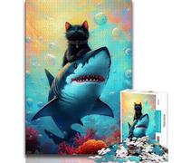 Shark And Black Cat Jigsaw Puzzles for Adults Teenagers Jigsaws Puzzle,Help The Brain Exercise Addictive Toys to Cultivate Patience A Work of Art (38x26cm)