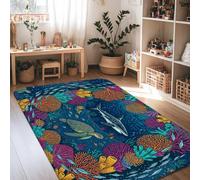 Shark Area Rug, Ocean Tropical Turtle Coral Summer Blue Non-Slip Home Floor Rectangle Print Carpet Rugs for Living Room Bedroom Kitchen Hallway Decor 4' X 6'