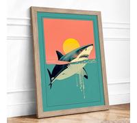 Shark at Sunrise Art Deco Framed Wall Art Print A2 (59.4×42cm) Oak, Wall Decor for Living Room, Bedroom, Office & Home, Ready to Hang, Art Gift