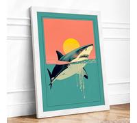 Shark at Sunrise Art Deco Framed Wall Art Print A3 (42×29.7cm) White, Wall Decor for Living Room, Bedroom, Office & Home, Ready to Hang, Art Gift