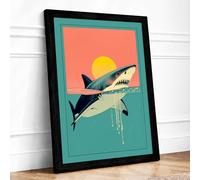 Shark at Sunrise Art Deco Framed Wall Art Print A4 (29.7×21cm) Black, Wall Decor for Living Room, Bedroom, Office & Home, Ready to Hang, Art Gift