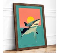 Shark at Sunrise Art Deco Framed Wall Art Print A4 (29.7×21cm) Walnut, Wall Decor for Living Room, Bedroom, Office & Home, Ready to Hang, Art Gift