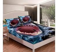 Shark Bed Sheet Set 3D Ocean Animal Sea Bed Sheets for Kids Boys Sealife Shark Print Bedding Set Scary Print Fitted Sheet Bedroom Collection 3Pcs Double Size