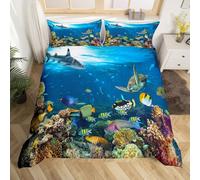Shark Bedding Set Sea Turtle Comforter Cover for Kids Boys Girls Teens Adult Ocean Marine Themed Duvet Cover Underwater Animal Pattern Bedspread 2Pcs with 1 Pillowcase Junior/Cot Bed Size