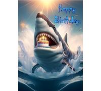 SHARK BIRTHDAY CARD WITH HUGE SHARK WITH A BIRTHDAY CAKE IN ITS JAWS - LARGE A5 GREETINGS CARD WITH GOLD ENVELOPE, DIAMANTE AND INSERT