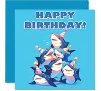 Shark Birthday Cards for Her Him - Party Animals Pyramid - Happy Birthday Card for Mum Dad Brother Sister Auntie Uncle Cousin Friend Family Colleague 145mm x 145mm Bday Greeting Cards