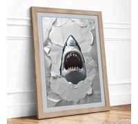 Shark Breaks Through Modern Framed Wall Art Print A2 (59.4×42cm) Oak, Wall Decor for Living Room, Bedroom, Office & Home, Ready to Hang, Art Gift