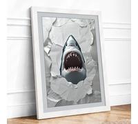 Shark Breaks Through Modern Framed Wall Art Print A2 (59.4×42cm) White, Wall Decor for Living Room, Bedroom, Office & Home, Ready to Hang, Art Gift