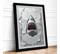 Shark Breaks Through Modern Framed Wall Art Print A3 (42×29.7cm) Black, Wall Decor for Living Room, Bedroom, Office & Home, Ready to Hang, Art Gift