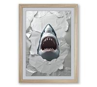 Shark Breaks Through Modern Framed Wall Art Print A3 (42×29.7cm) Oak, Wall Decor for Living Room, Bedroom, Office & Home, Ready to Hang, Art Gift