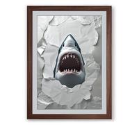 Shark Breaks Through Modern Framed Wall Art Print A3 (42×29.7cm) Walnut, Wall Decor for Living Room, Bedroom, Office & Home, Ready to Hang, Art Gift