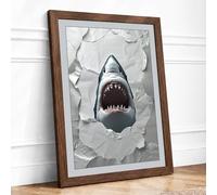 Shark Breaks Through Modern Framed Wall Art Print A4 (29.7×21cm) Walnut, Wall Decor for Living Room, Bedroom, Office & Home, Ready to Hang, Art Gift