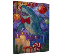 Shark Canvas Kitchen Wall Art, Fanciful Festive Candles Ornaments Christmas Blue Wall Hanging Prints Pictures Art Dining Room Restaurant Breakfast Nook Decor 8x10 Inch