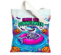Shark Canvas Tote Bag, Fanciful Fun Skeleton Pumpkins Summer Peach Small Tote Bag 13x15 Inch, Pink, 13x15 Inch