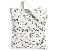 Shark Canvas Tote Bag for Women, Minimalistic Playful Bubble Waves Summer White Washable Reusable Market Tote Bags for Shopping Brunch Park Library Day Trips 13x15 Inch