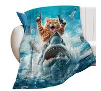 Shark Cat Riding Blanket - Ultra Soft Blanket Funny Cat Shark Blanket | Large Quilts for Sofa, Sofa, Chair, Farmhouse Decor
