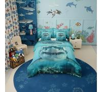 Shark Comforter Set 7 Pcs,3D Shark Bule Underwater World Kids Bed Set,Marine Life Comforter,Ocean Animal Style Bedding Queen with Comforter,Fitted Sheet,Flat Sheet,Pillowcases,Pillow Covers