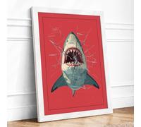 Shark Confrontation Modern Framed Wall Art Print A3 (42×29.7cm) White, Wall Decor for Living Room, Bedroom, Office & Home, Ready to Hang, Art Gift