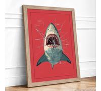 Shark Confrontation Modern Framed Wall Art Print A4 (29.7×21cm) Oak, Wall Decor for Living Room, Bedroom, Office & Home, Ready to Hang, Art Gift