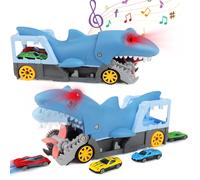Shark Devour Transporter Toy Truck Electric Shark Catapult Toy Car 4 Car Set with SlideOff Feature and Roaring Sounds Realistic Animal-Head Design
