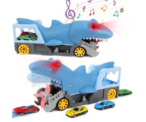 Shark Devour Transporter Toy Truck Electric Shark Catapult Toy Car 4 Car Set with SlideOff Feature and Roaring Sounds Realistic Animal-Head Design
