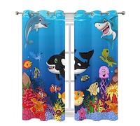 Shark Dolphin Sea Turtle Blackout Curtains Ocean World Eyelet Curtains for Living Room Bedroom, Grommet Top Thermal Insulated Window Treatments (200 x 160 cm)