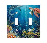 Shark Double Light Switch Cover Plate, Underwater Tropical Turtle Coral Summer Blue Plastic Standard Size Decorative Wall Plates for Home Living Room Bedroom Bathroom Decor