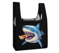 Shark Eating Pizza Funny Reusable Grocery Bag Printed Fold-able Shopping Bags Washable Tote Lightweight Storage Pouch with Handle