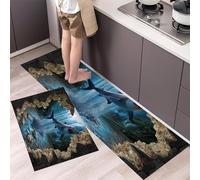 Shark Falls Kitchen Rugs Non Skid Washable Mats Set of 2 PCS, 3D Floor Cave Absorbent Runner Rugs for Kitchen, Front of Sink,Sink Laundry, 40x60cm+40x120cm Blue