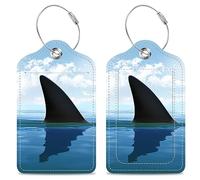 Shark Fin Above Water Luggage Tags 2PCS PU Leather Suitcases Tag with Stainless Steel Loop and Privacy Name Address Cover Label Card for Women Men Travel