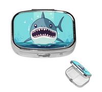 Shark Floating in Water Pill Box with Mirror, 2 Compartment Small Pill Case for Purse Or Pocket Mini Metal Pill Holder Travel Weekly Medicine Tablet Vitamin Holder Organizer Travel Gifts