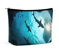 Shark in Blue Ocean Large Capacity Makeup Bag,Organizer Travel Toiletry Leather Bag for Women Man,Portable Cosmetic Bag Zipper Pouch