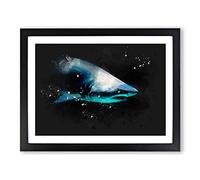 Shark In The Shadows Paint Splash Modern Art Framed Wall Art Print, Ready to Hang Picture for Living Room Bedroom Home Office Décor, Black A3 (46 x 34 cm)