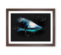 Shark In The Shadows Paint Splash Modern Art Framed Wall Art Print, Ready to Hang Picture for Living Room Bedroom Home Office Décor, Walnut A3 (46 x 34 cm)