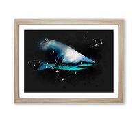 Shark In The Shadows Paint Splash Modern Art Framed Wall Art Print, Ready to Hang Picture for Living Room Bedroom Home Office Décor, Oak A2 (64 x 46 cm)