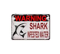 Shark Infested Water Shark Warning Sign Decor Beach Sign Vintage Style Sign Quality Rustic Metal Sign for Door Name Plate Plaque Home Patio Garden Bar Farm House Garage Wall Decor Tin Sign 12 X 8 Inch