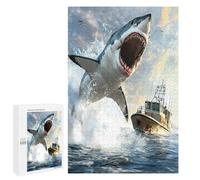 Shark Is Attacking Boat Funny Wooden Picture Vertical Version Puzzle Wood Jigsaw Creative Gift for Adults And Family Game