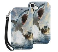 Shark Is Attacking Boat Leather Flip Phone Case Wallet Cover Compatible with iPhone 16/16 Plus/16 Pro/16 Pro Max/16 E