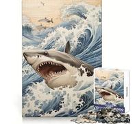 Shark Japan Great Wave Adults Puzzles 1000 Piece Jigsaws Strengthen Memory Quiet Calm Clean Edge Art Collectible 38x26cm