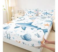 Shark Kids King Size Fitted Sheet,Starfish Shells Seagrass Ocean Boys Girls Bed Sheets, Room Decor,White Blue Bedding Set,2 Pillowcases(No Flat)
