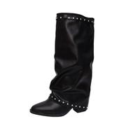 Shark Leather Knee High Boots Comfortable Riding Boots | Women's Over The Knee Boots with Heel Suede Boot Wide Leg High Boots with Pleat