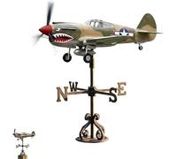 Shark Mouth Warplane Garden Wind Spinner - Metal Warplane Weather Vane with Bracket & East West South and North Weather-Resistant Decor for Lawn Garden and Patio
