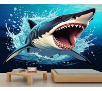 Shark Mural Ocean Themed Wallpaper Vibrant Shark Wall Mural 3D Marine Life Murals Oil Painting Animal Wallpaper for Bedroom Living Room Children's Room 100 x 70 cm