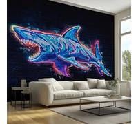 Shark Mural Wallpaper, Neon Marine Life Wallpaper for Bedroom, Living Room, TV Backdrop, Office, 3D Large Wall Mural Non-Woven Wall Paper 450 x 315 cm (WxH) OTK31