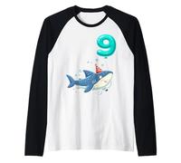 Shark Nine 9yr 9th Birthday Ocean 9 Year Old Birthday Boy Raglan Baseball Tee