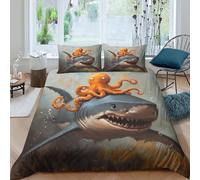 Shark Octopus 3D Printed Duvet Cover Set Animals Quilt Cover with 2 Pillow Cases Bedding Set Included Machine Washable with Zipper Closure 3 Pcs for Children's And Adults King（220x240cm）