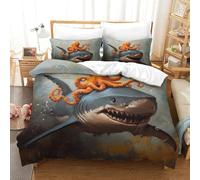 Shark Octopus Duvet Cover Set 3D Printed Animals Quilt Cover 2 Pillowcases Bedding Set Included Machine Washable with Zipper Closure 3 Pcs for Adults Kids Single（140x200cm）