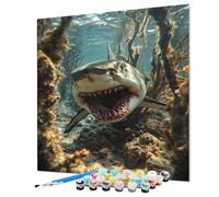 Shark Paint by Numbers for Adults, Sea World Painting by Number for Adults, DIY Color Oil Painting with Canvas Brushes and Acrylic Paints kits for Decor, Gifts for Women 60x80cm/24x32inch (Model-1337)