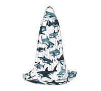 Shark Pattern With Various Gestures Print Hooded Cape, Elevate Your Festive Look, Big Hood & Bow Tie, For Halloween/Cosplay