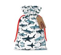Shark Pattern With Various Gestures Print Small Drawstring Pouch For Gifts,Reusable Gift Bag,For Holiday And Party Presents